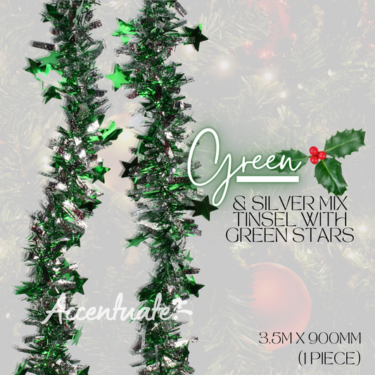 3.5M Wide Tinsel - Green & Silver Mix w/ Green Stars