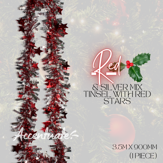 3.5M Wide Tinsel - Red & Silver Mix w/ Red Stars