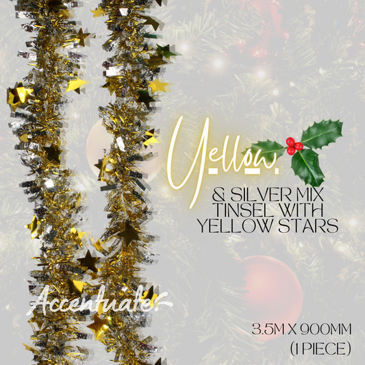 3.5M Wide Tinsel - Yellow & Silver Mix w/ Yellow Stars