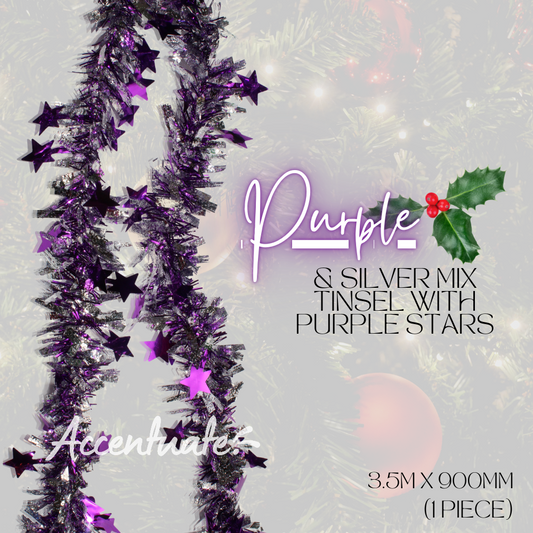 3.5M Wide Tinsel - Purple & Silver Mix w/ Purple Stars