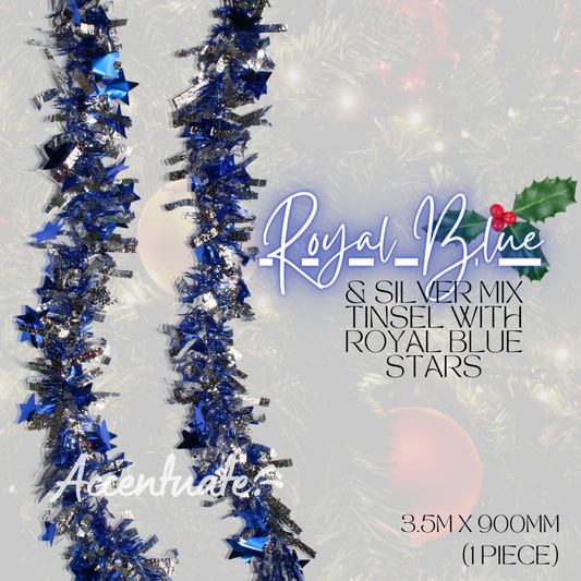3.5M Wide Tinsel - Royal Blue & Silver Mix w/ Royal Blue Stars