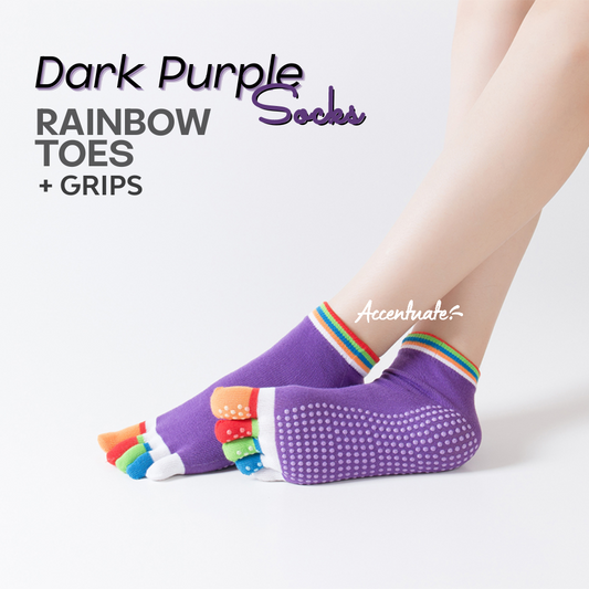 Dark Purple Yoga Socks / Rainbow Toes & White Grips