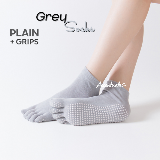 Grey Plain Yoga Socks / White Grips
