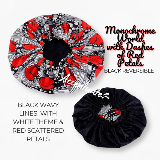 Monochrome World with Dashes of Red Petals / Black Reversible Bonnet (Adult Size)