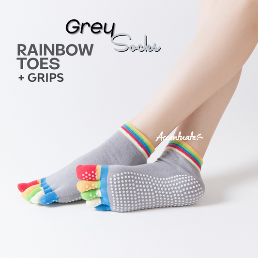 Grey Yoga Socks / Rainbow Toes & White Grips