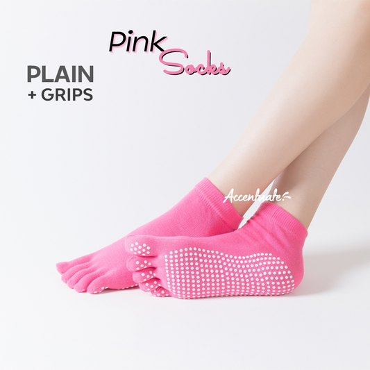 Pink Plain Yoga Socks / White Grips