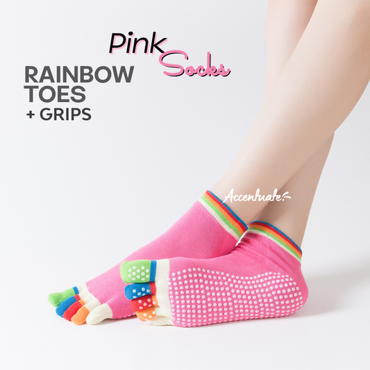 Pink Yoga Socks / Rainbow Toes & White Grips