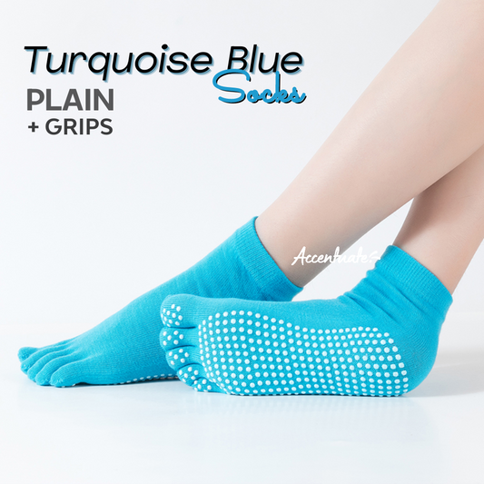 Turquoise Blue Plain Yoga Socks / White Grips