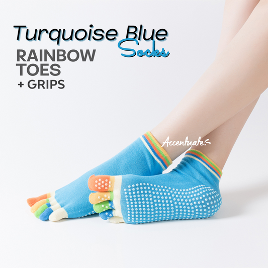 Turquoise Blue Yoga Socks / Rainbow Toes & White Grips