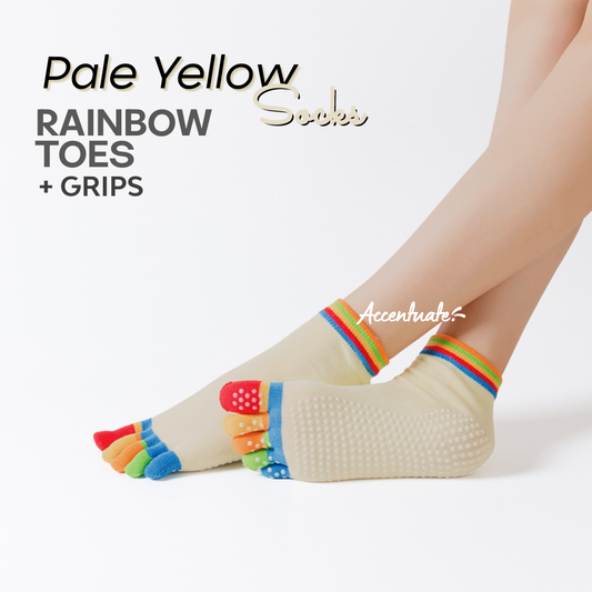 Pale Yellow Yoga Socks / Rainbow Toes & White Grips
