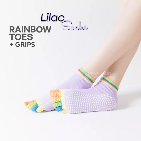 Lilac Plain Yoga Socks / Rainbow Toes & White Grips