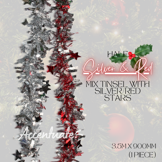 3.5M Wide Tinsel - Half Silver & Red Mix w/ Silver & Red Stars