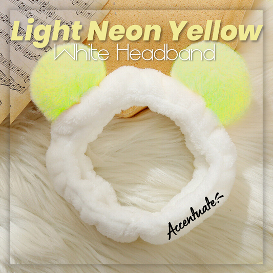 Panda Style: Light Neon Yellow Ears & White Plain Spa Headband (Adult Size)