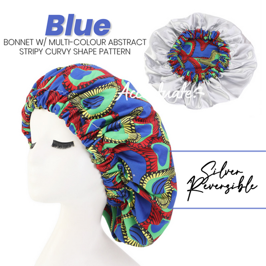 Blue / Multi Abstract Shapes Pattern Bonnet - Silver Reversible (Adult Size)