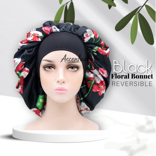 Black & Floral Design / Silver Reversible Bonnet with Wide Spandex Band (Adult Size)