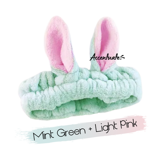 Mint Green & Light Pink Rabbit Ears Plain Spa Headband (Adult Size)