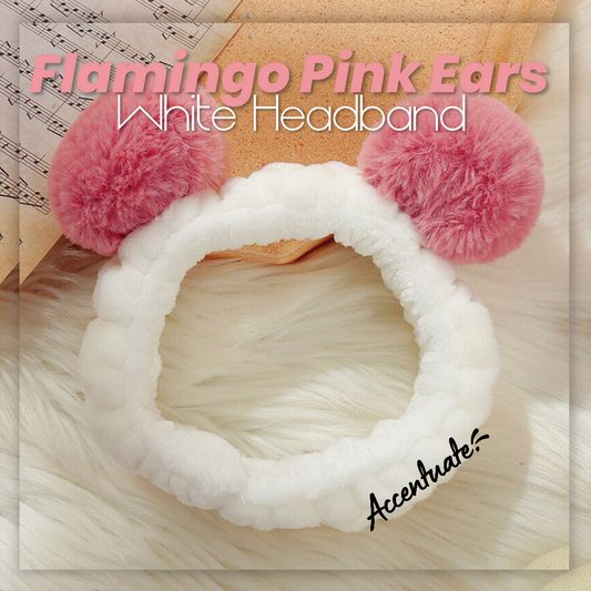 Panda Style: Flamingo Pink Ears & White Plain Spa Headband (Adult Size)