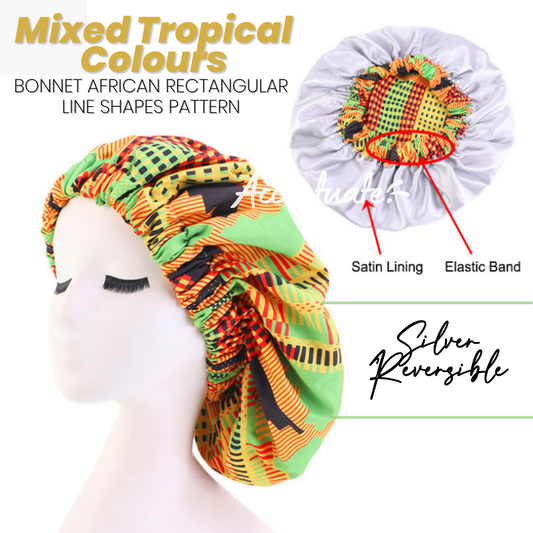 Mixed Tropical / Abstract Pattern Bonnet - Silver Reversible (Adult Size)
