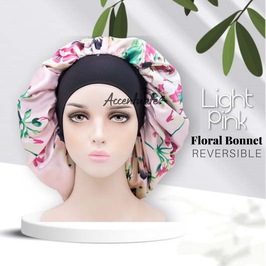 Light Pink & Floral Design / Silver Reversible Bonnet with Wide Spandex Band (Adult Size)