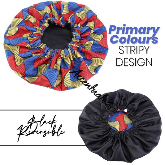 Primary Colours / Stripy Curves Pattern Bonnet - Black Reversible (Adult Size)