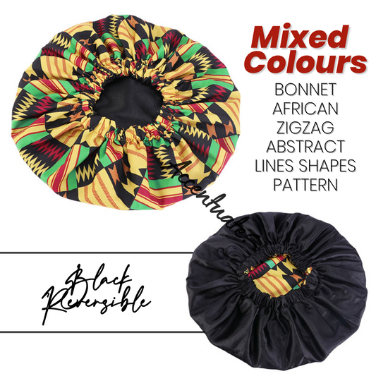 Mixed Tropical / ZigZags Pattern Bonnet - Black Reversible (Adult Size)