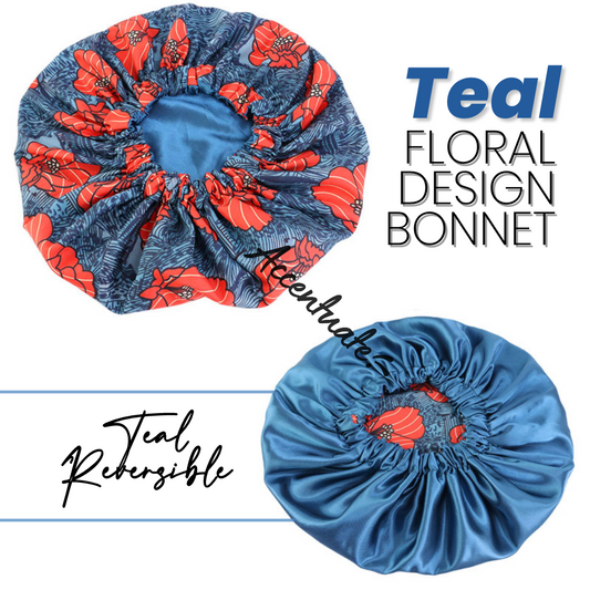 Teal / Orange-Red Floral Pattern Bonnet - Teal Reversible (Adult Size)