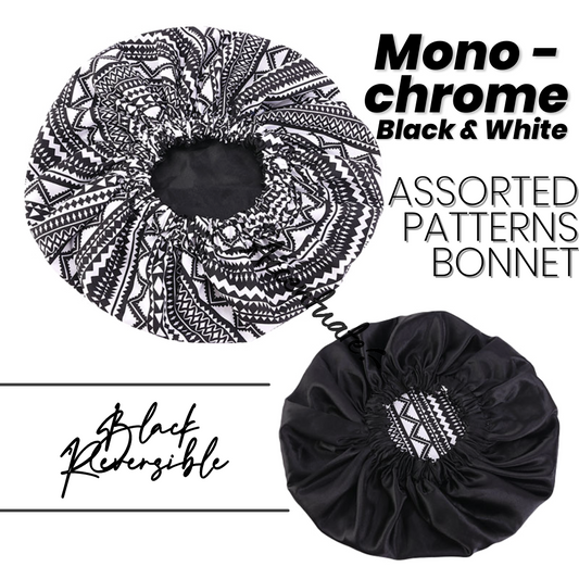 Monochrome / Assorted Patterns Bonnet - Black Reversible (Adult Size)