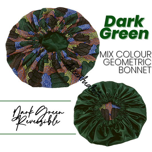 Dark Green / Mixed Geometric Pattern Bonnet - Dark Green Reversible (Adult Size)