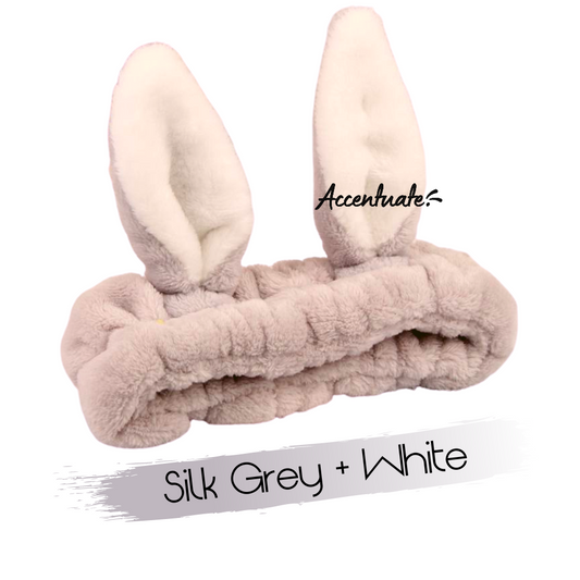 Silk Grey & White Rabbit Ears Plain Spa Headband (Adult Size)