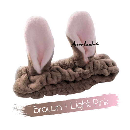 Brown & Light Pink Rabbit Ears Plain Spa Headband (Adult Size)