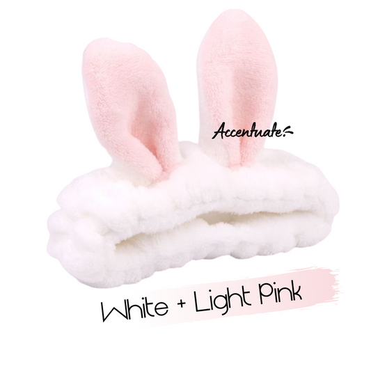 White & Light Pink Rabbit Ears Plain Spa Headband (Adult Size)