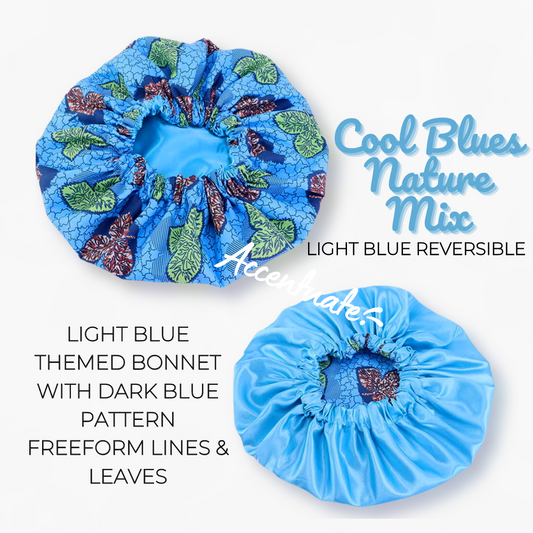Cool Blues Nature Mix Design / Light Blue Reversible Bonnet (Adult Size)