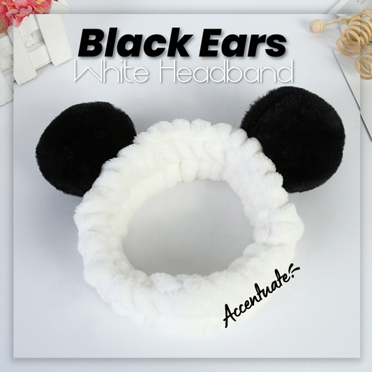 Panda Style: Black Ears & White Plain Spa Headband (Adult Size)