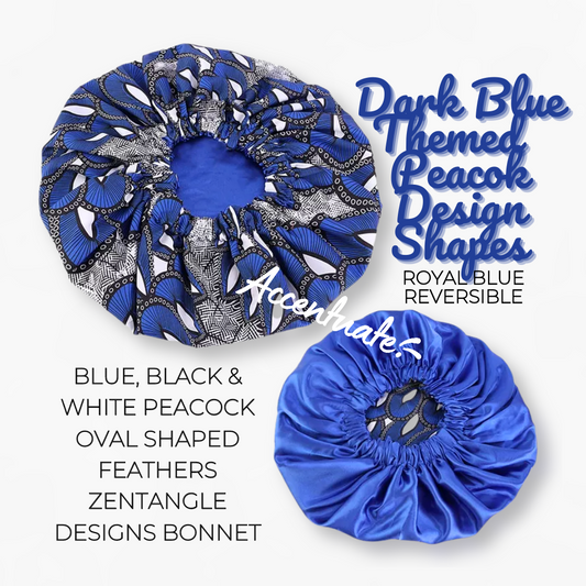 Dark Blue Themed Peacock Design Shapes Design / Royal Blue Reversible Bonnet (Adult Size)