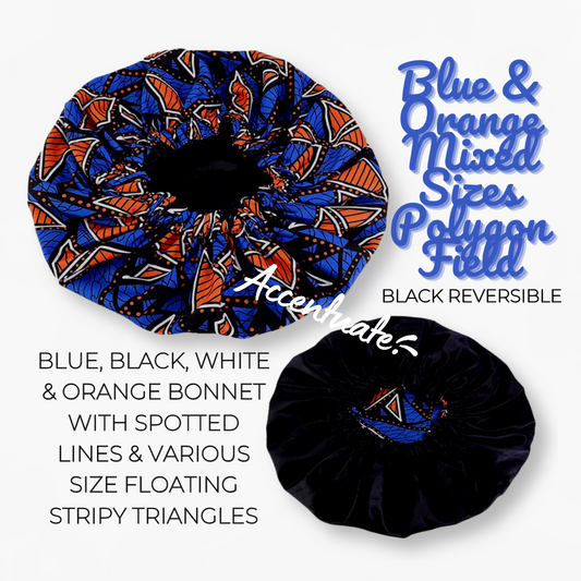Blue & Orange Mixed Sizes Polygon Field Design / Black Reversible Bonnet (Adult Size)