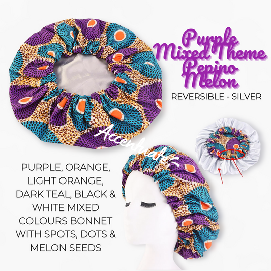 Purple Mixed Theme Pepino Melon Design / Silver Reversible Bonnet (Adult Size)