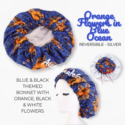 Orange Flowers in Blue Ocean Design / Silver Reversible Bonnet (Adult Size)