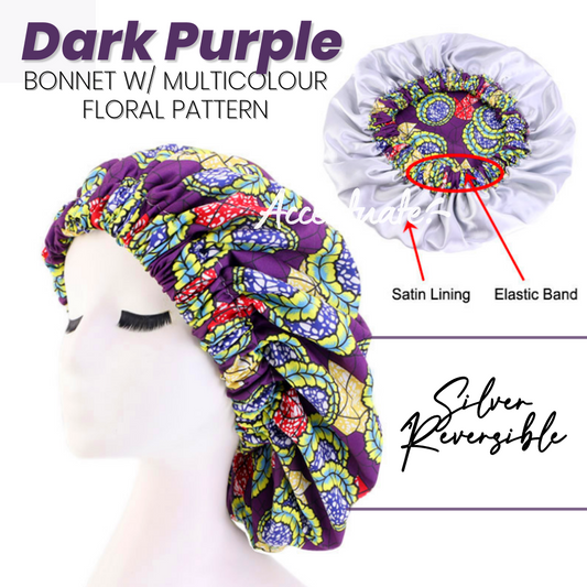 Dark Purple / Multi Floral Pattern Bonnet - Silver Reversible (Adult Size)