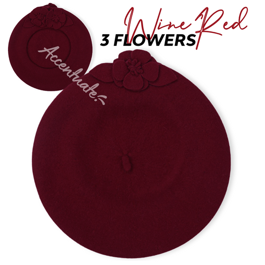 Wine Red Embroidered Flower Plain Beret (Adult Size)