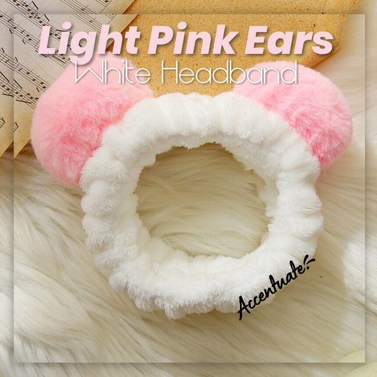 Panda Style: Light Pink Ears & White Plain Spa Headband (Adult Size)