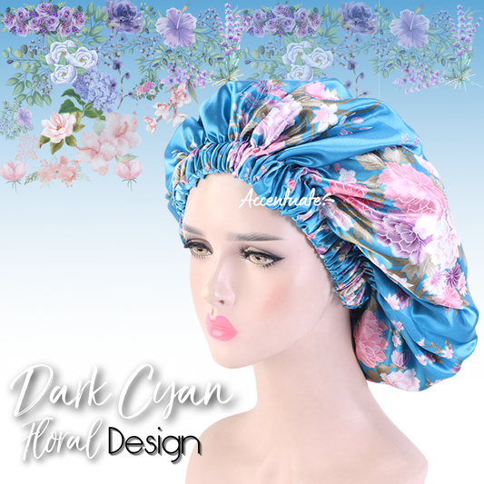 Floral Design Dark Cyan Reversible Bonnet (Adult Size)