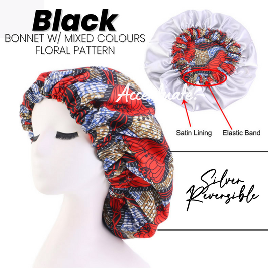 Black / Mixed Floral Pattern Bonnet - Silver Reversible (Adult Size)