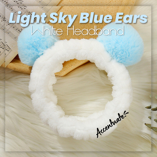 Panda Style: Light Sky Blue Ears & White Plain Spa Headband (Adult Size)
