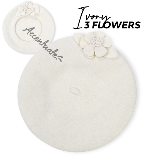 Ivory Embroidered Flower Plain Beret (Adult Size)