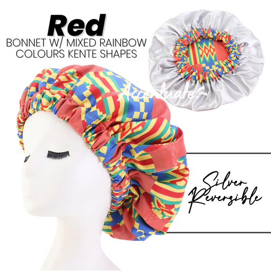 Red / Mixed Rainbow Kente Pattern Bonnet - Silver Reversible (Adult Size)