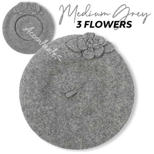 Medium Grey Embroidered Flower Plain Beret (Adult Size)