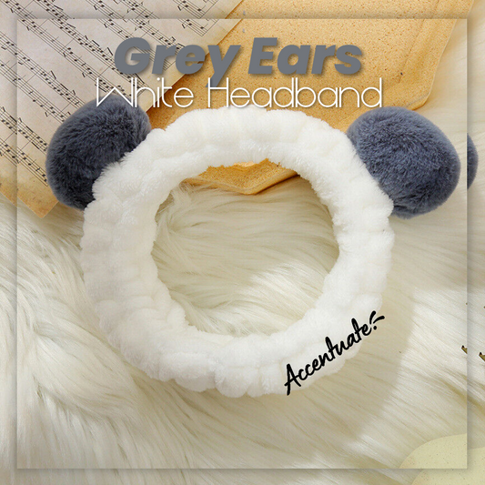 Panda Style: Grey Ears & White Plain Spa Headband (Adult Size)
