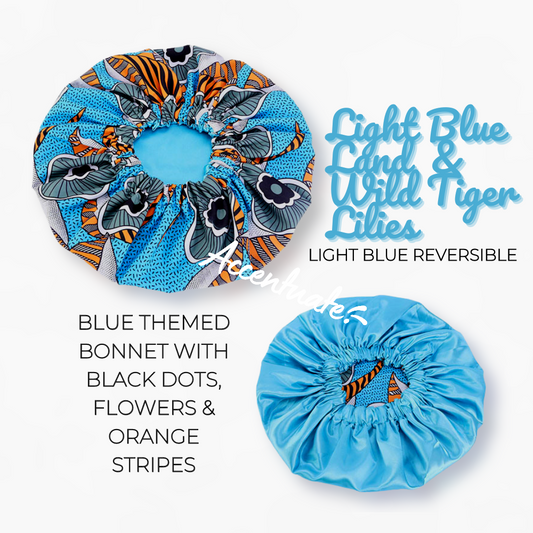 Light Blue Land & Wild Tiger Lilies Design / Light Blue Reversible Bonnet (Adult Size)