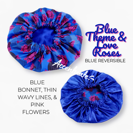 Blue Theme & Love Roses Design / Yellow Reversible Bonnet (Adult Size)