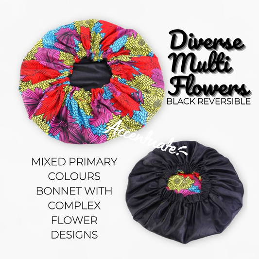 Diverse Multi Flowers Design / Black Reversible Bonnet (Adult Size)